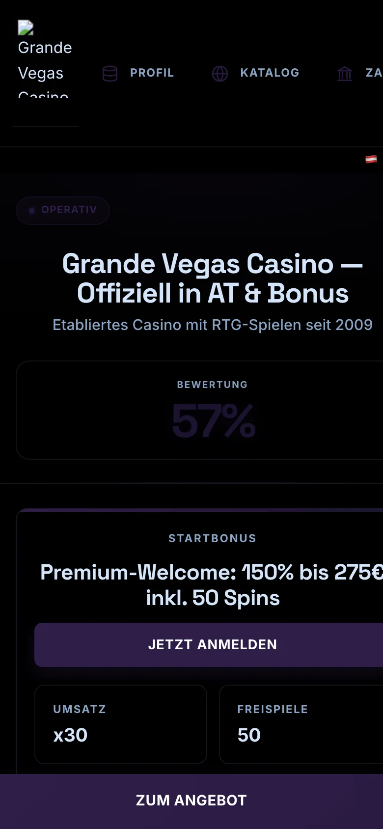 Grande Vegas Casino mobile lobby screenshot