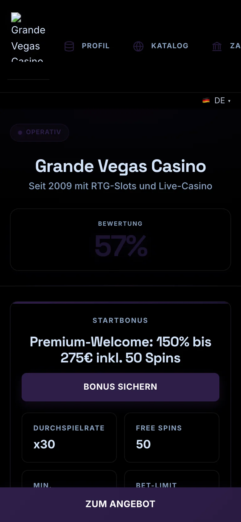 Grande Vegas Casino mobile lobby screenshot