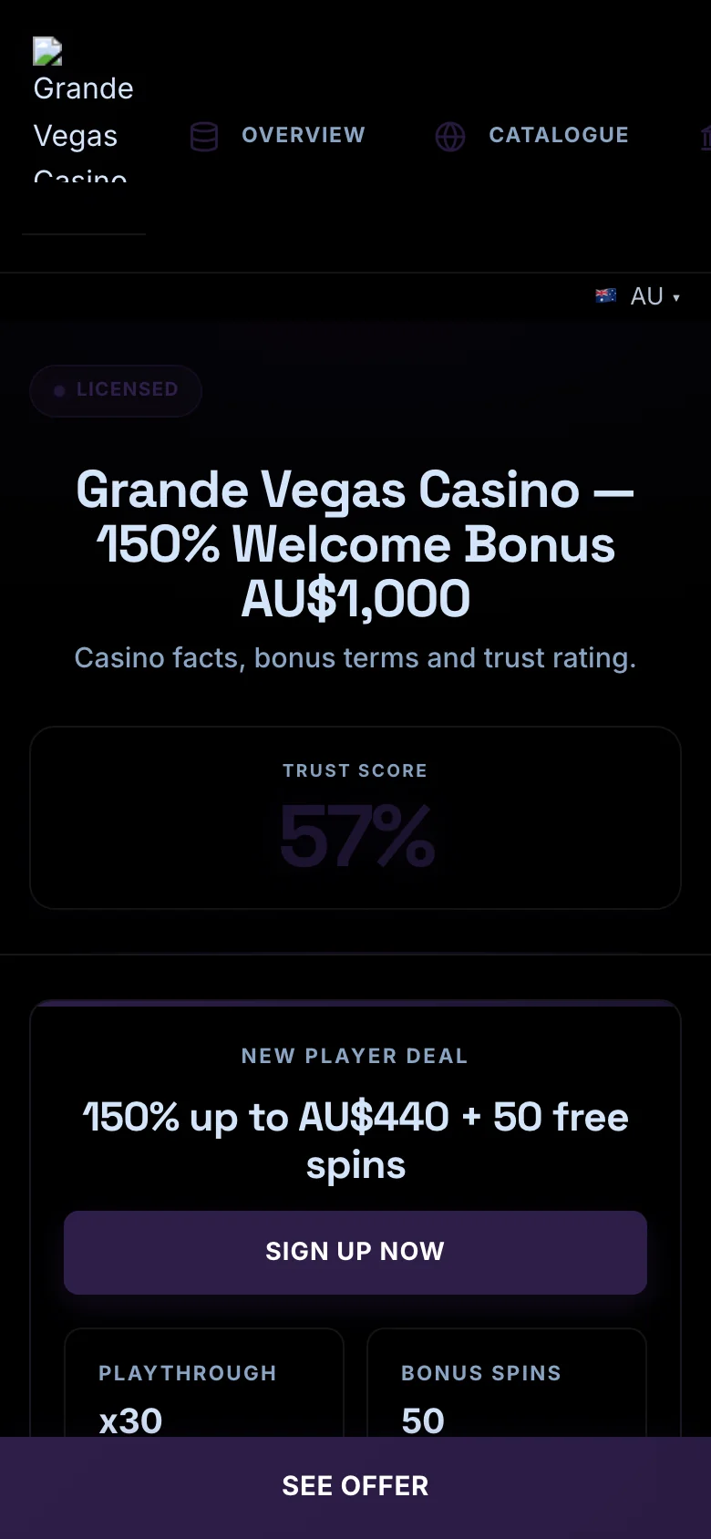 Grande Vegas Casino mobile lobby screenshot