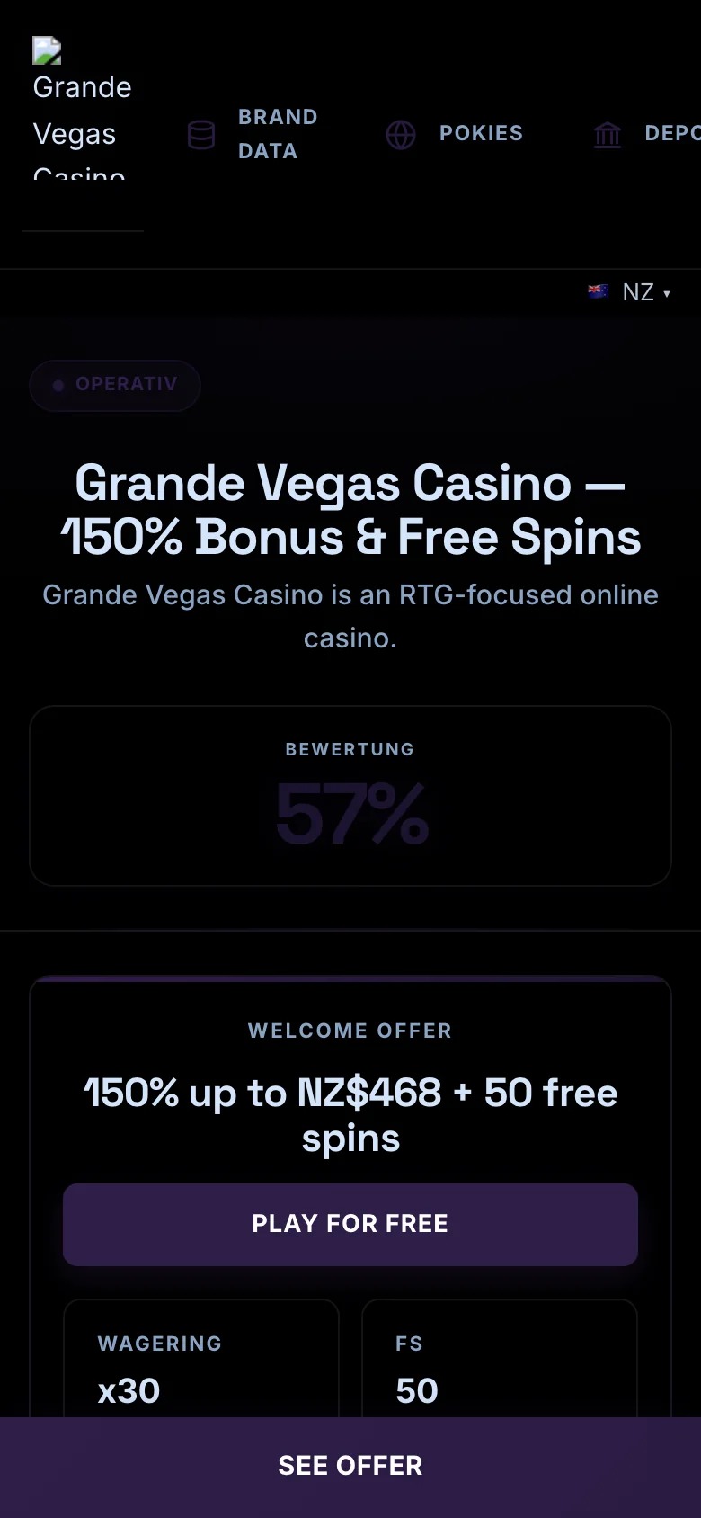 Grande Vegas Casino mobile lobby screenshot